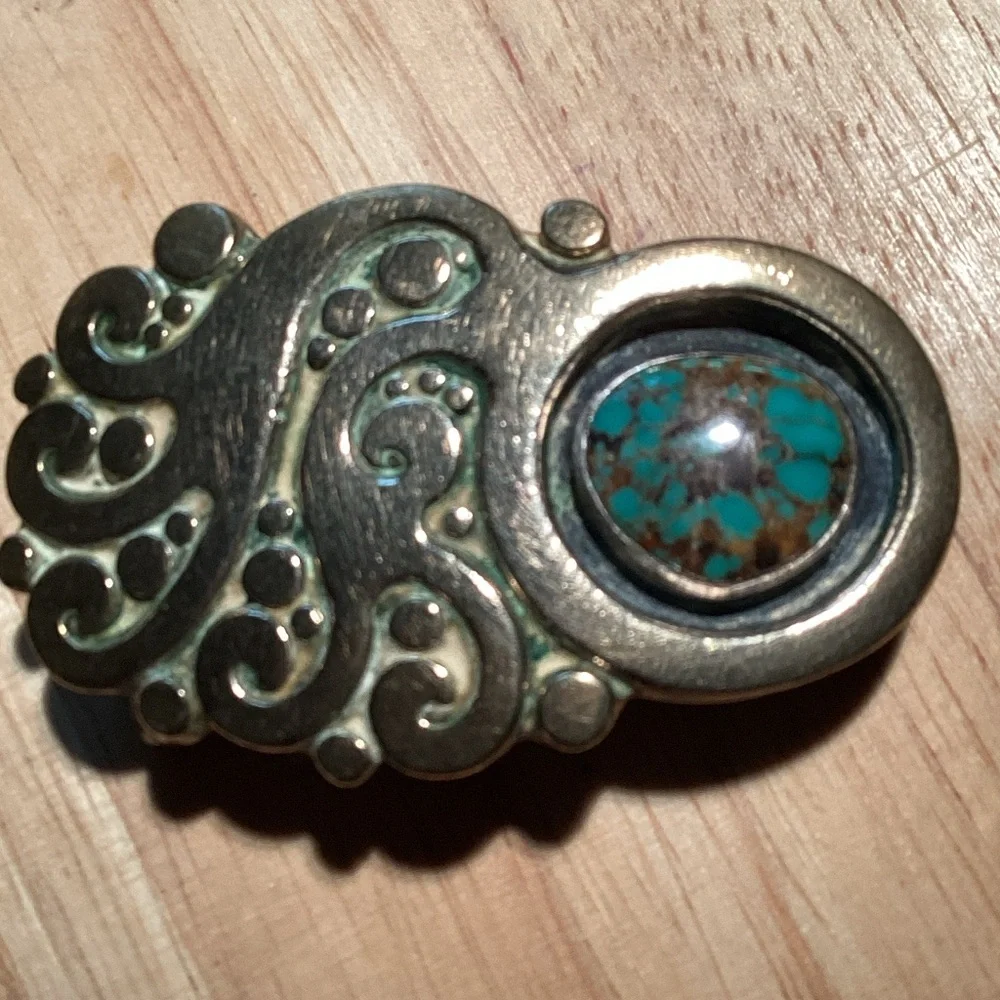 K Dupre vintage brass belt buckle Cabochon set stone Handmade 60s 70s boho mcm